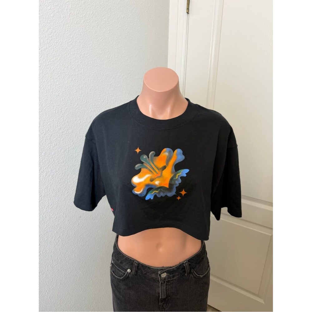 Air Jordan Black Crop Tee with Orange & Blue Graphic Sz M